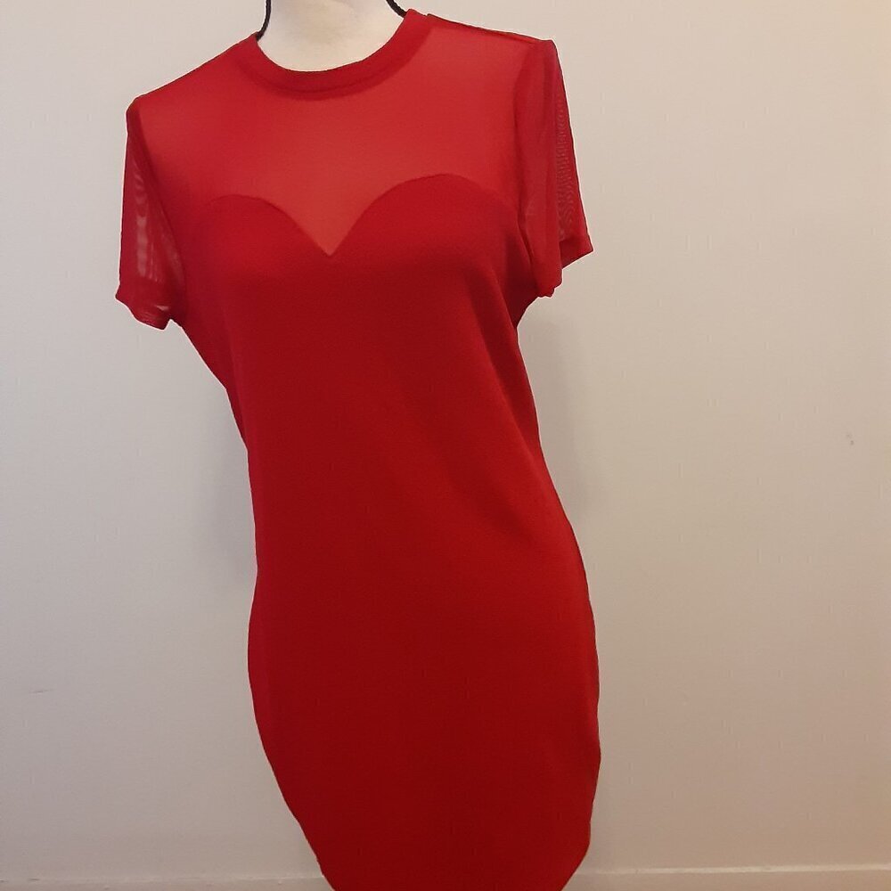 Shein (XL) Red Dress w/Short Sleeves & Mesh Neckline.